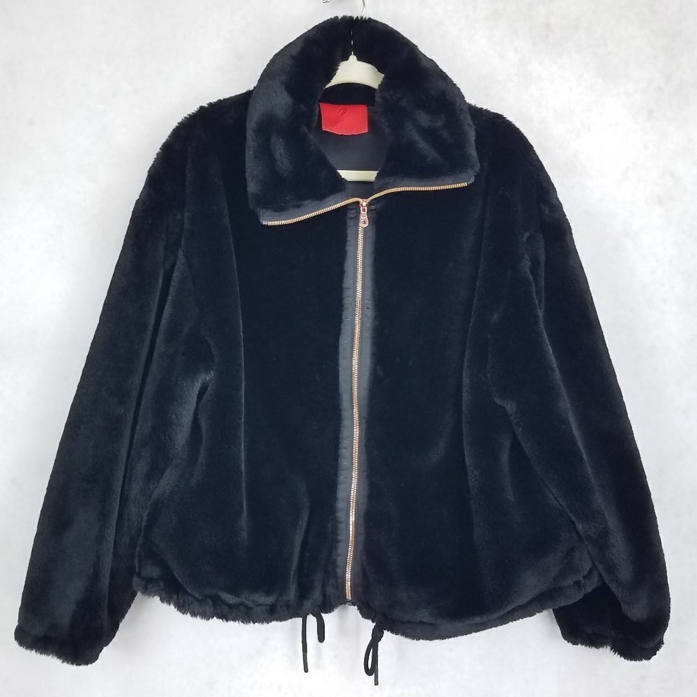Ivy Blossom Bomber Jacket Teddy Faux Fur Black Pockets Fuzzy Zip up Women XL